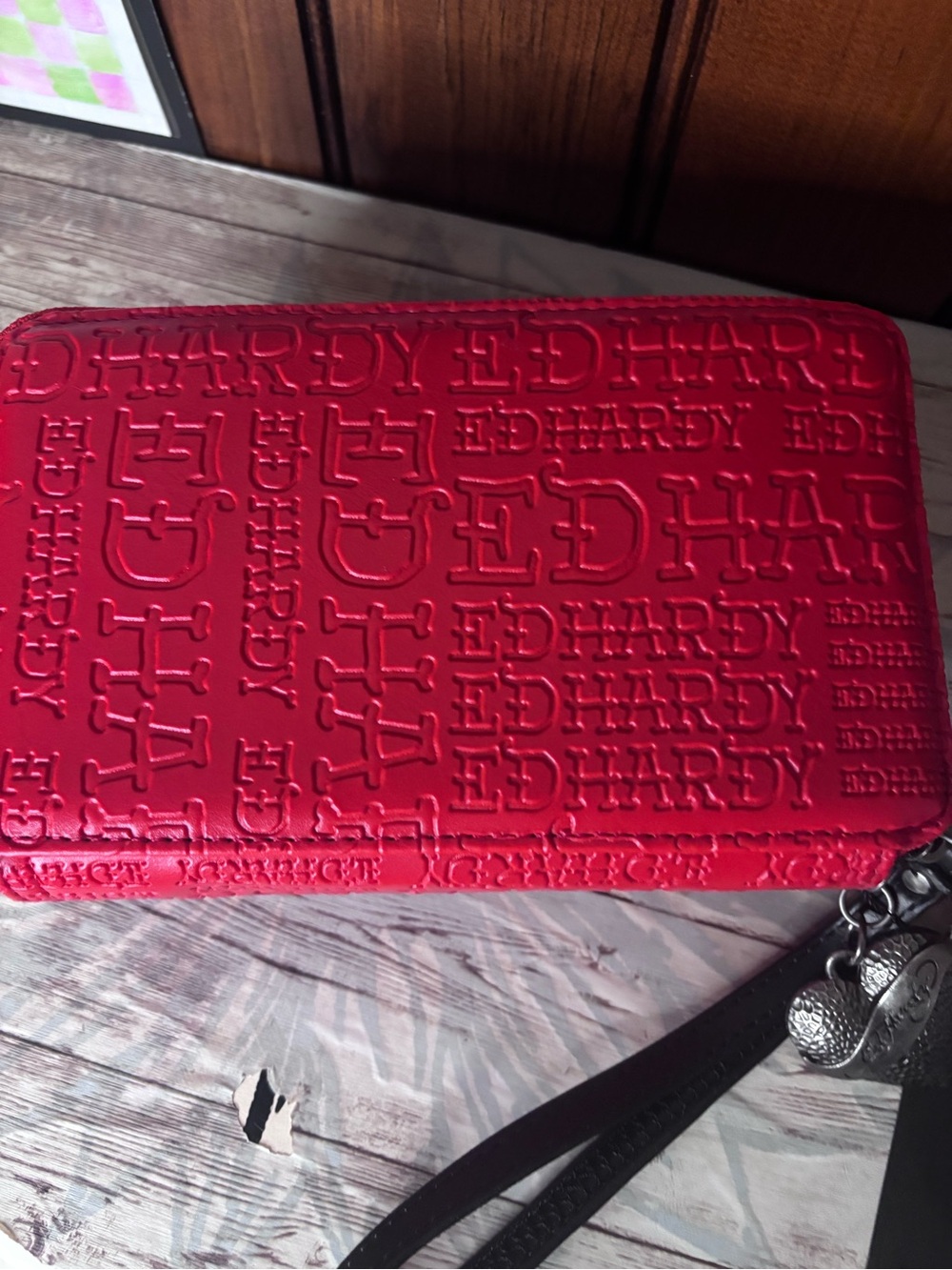 Ed Hardy Red Embossed Wristlet Clutch with Logo Plaque - Picture 7 of 8